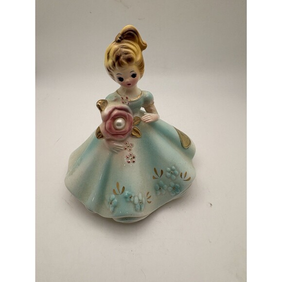 Josef Originals June Pearl Figurine Girl Lady in Blue Rose w Pearl Birthstone 4” - Picture 1 of 6